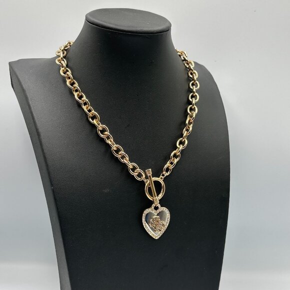 Guess Necklace Rose Gold Heart Pendant Rhinestone Logo Toggle Chain Y2K 20" - Picture 1 of 9